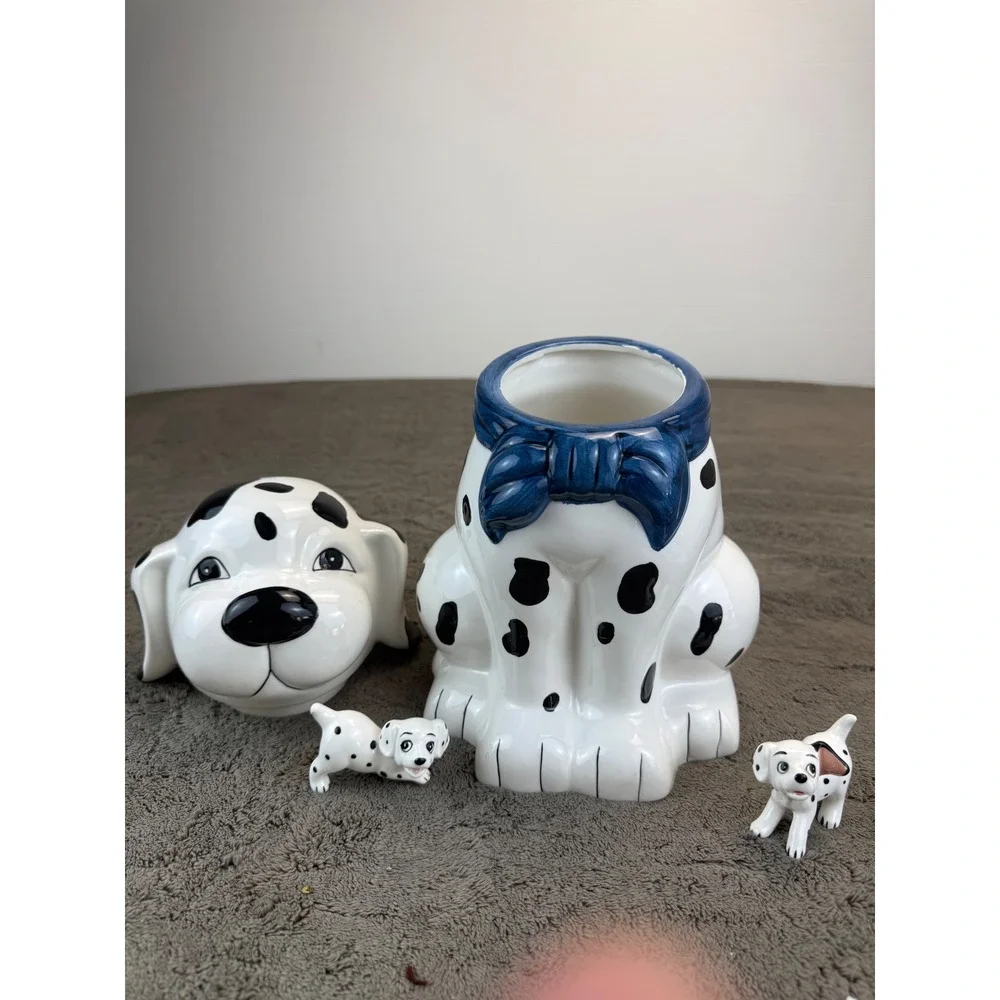Vintage Dalmatian Ceramic Cookie Jar with‎ 2 Puppy Figurines Blue Bow Set